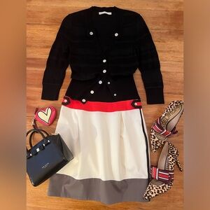 Karen Millen color block mini skirt with military accents.